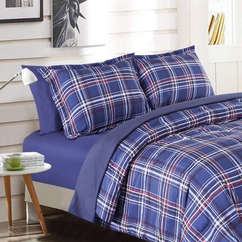 EMME Queen Comforter Set with Sheets, 7 Piece Queen Size Bedding Sets, All Season Plaid Bedspread Bed Set with 1 Comforter, 1 Flat Sheet, 2 Pillowcases and 2 Pillow Shams - Image 2